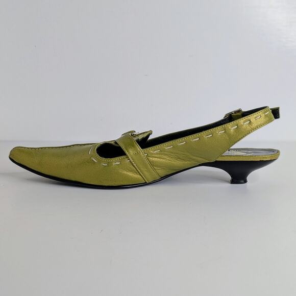 John Fluevog Kitten Heel Slingbacks 10 Green Metallic Leather Statement Shoes - Picture 10 of 16